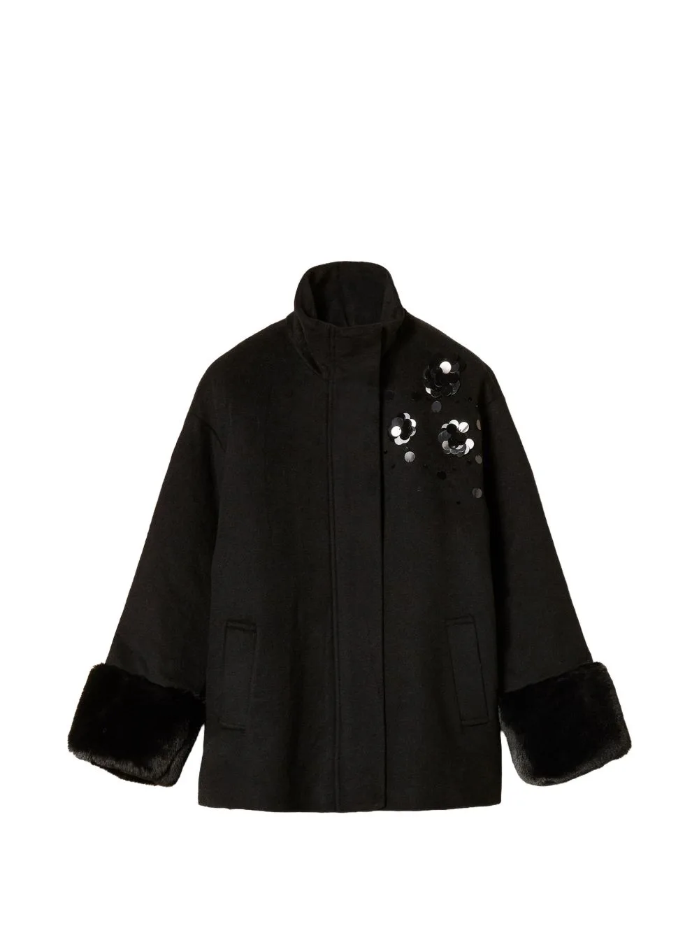 Wool Cloth Coat with Faux Fur and Embroidery by TWINSET