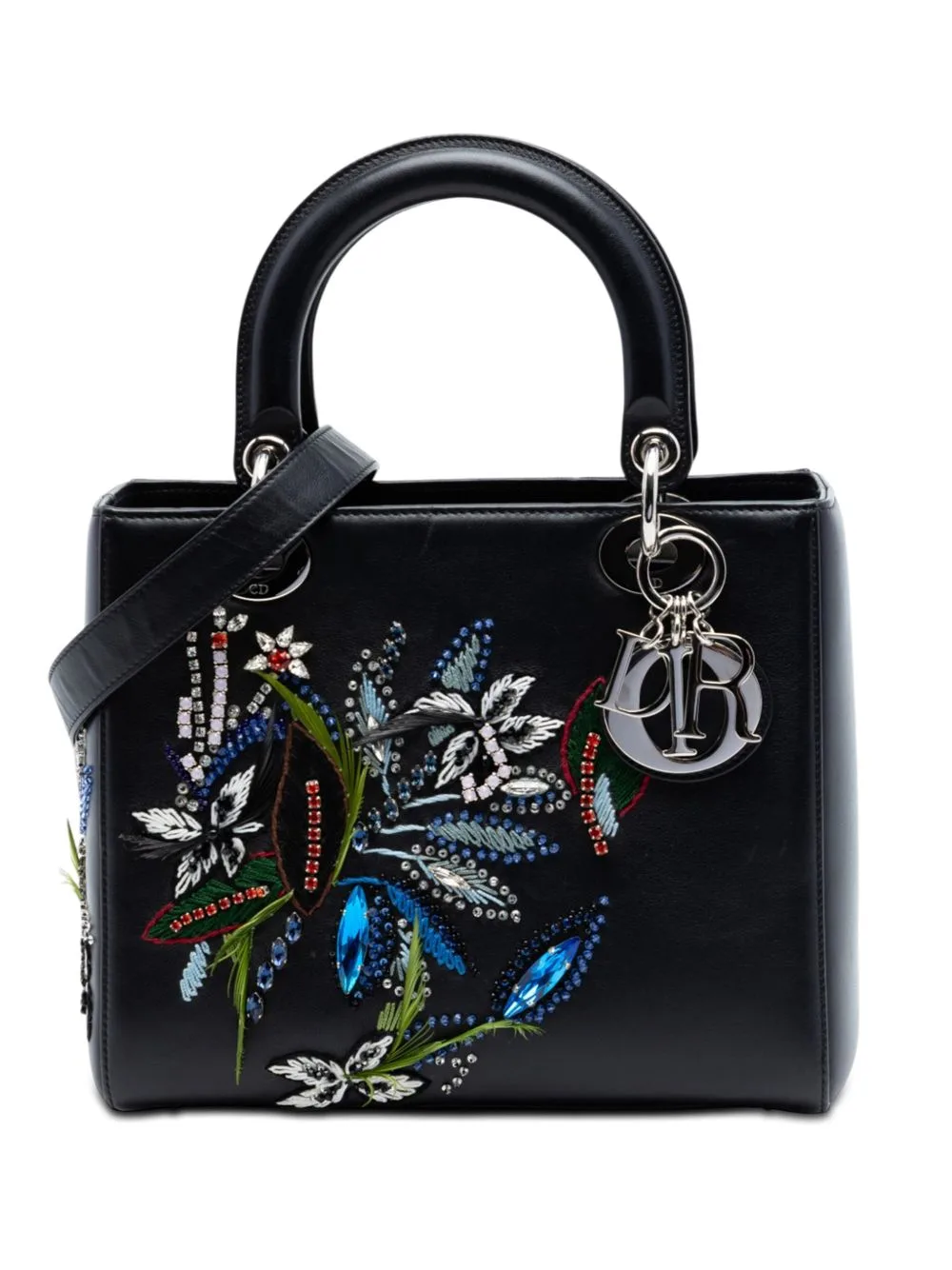 2016 Limited Edition Medium Smooth Calfskin Embroidered Beaded Floral Lady Dior Satchel by Christian Dior Pre-Owned