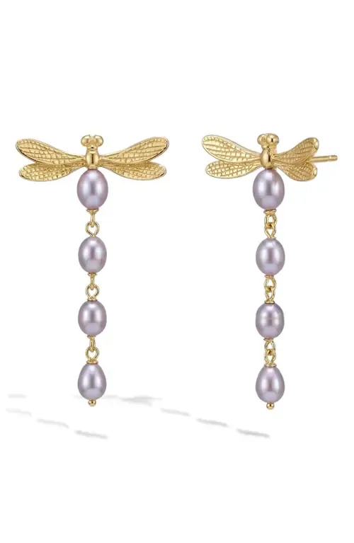 Metamorphic Damselfly Freshwater Pearl Earrings in 14K Gold Vermeil by Awe Inspired