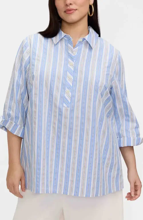 Therese Stripe Button Back Cotton Seersucker Popover Shirt by Foxcroft