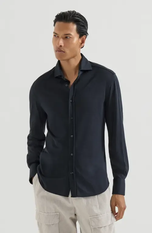 Silk and Cotton Lightweight Jersey Shirt with Spread Collar by Brunello Cucinelli