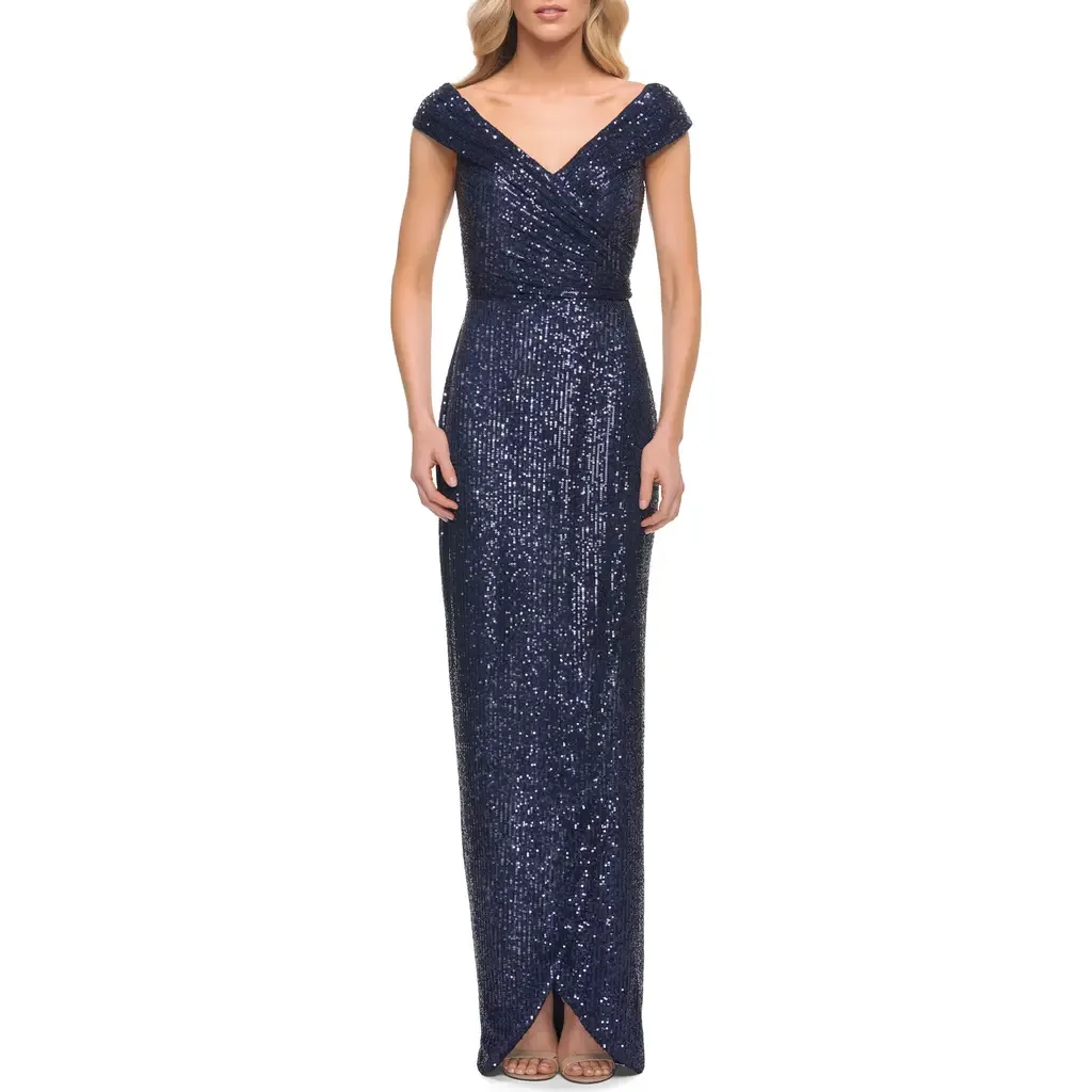 Sequin Long Evening Dress with Ruching and V Neck by La Femme