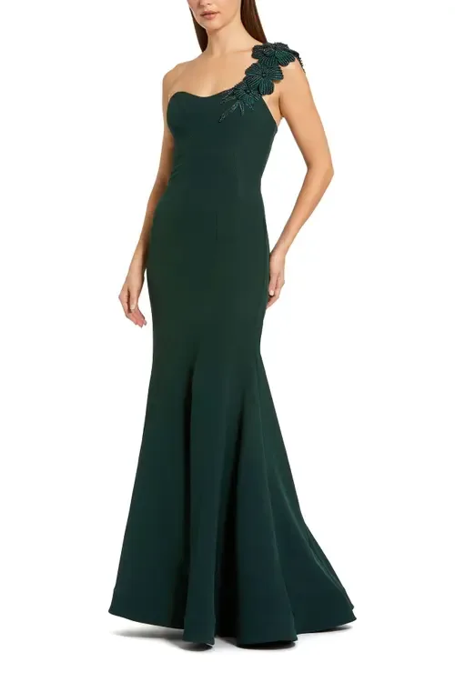 Crepe One Shoulder Beaded Flower Mermaid Gown by Mac Duggal