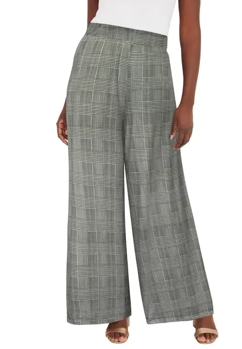 Stretch Knit Wide Leg Pant in Black Ivory Glen Plaid