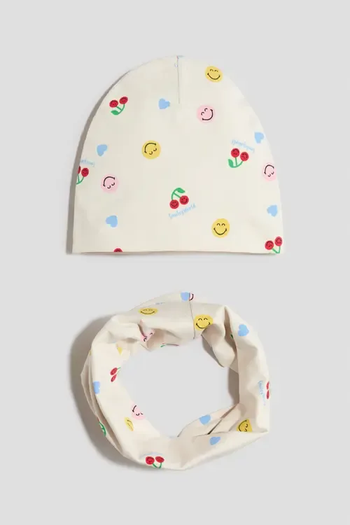 2-Piece Beanie and Tube Scarf Set in Cream/Smileyworld® by H&M