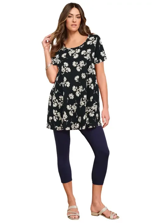 Cotton Ultimate Scoopneck Swing Tunic in Black Ivory Begonia by Roaman's