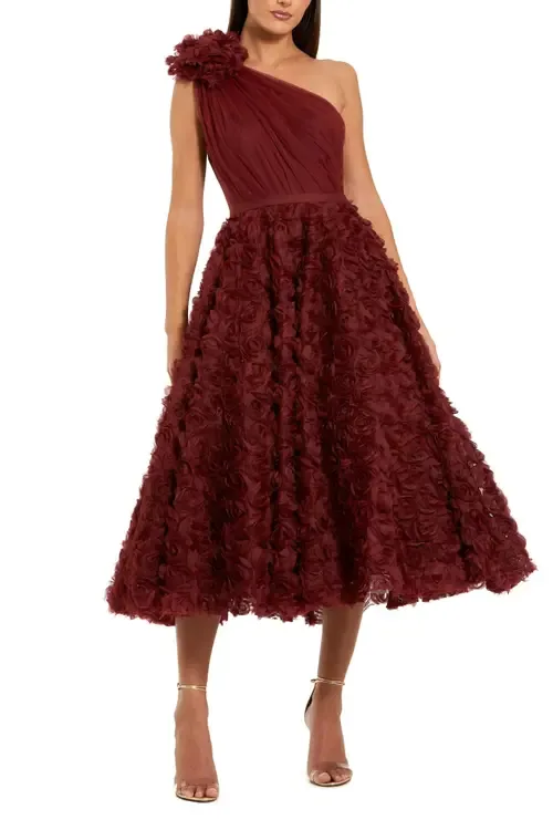 Lace One Shoulder 3D Flower a Line Midi Dress by Mac Duggal