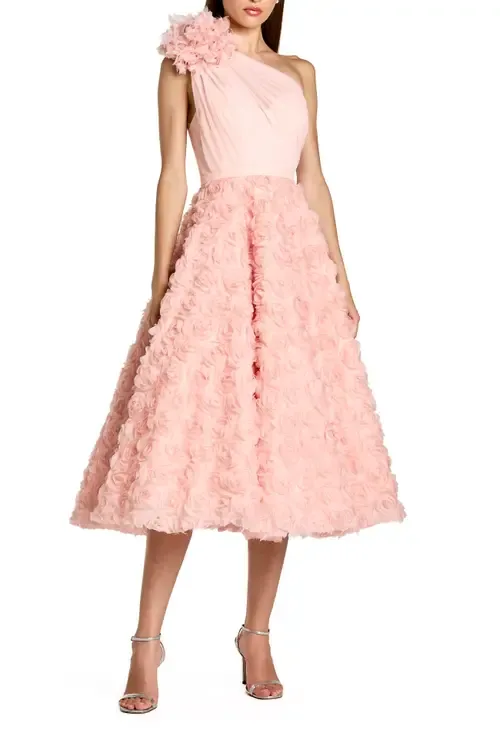 Lace One Shoulder 3D Flower a Line Midi Dress