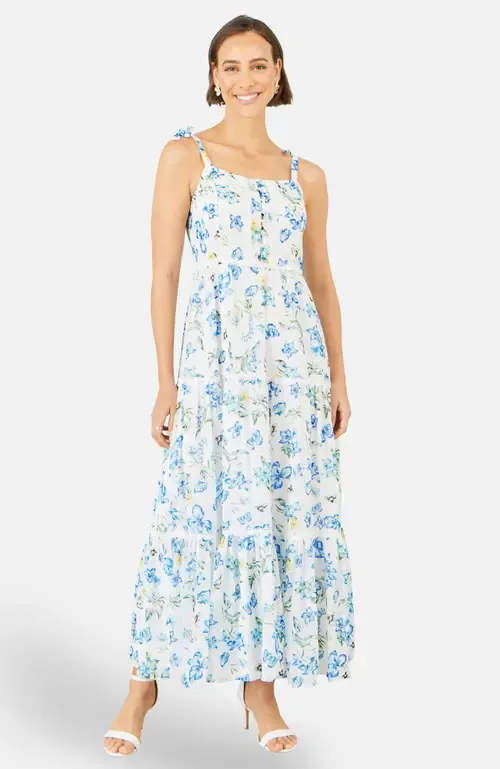 Butterfly Print Lace Trim Maxi Dress by Yumi