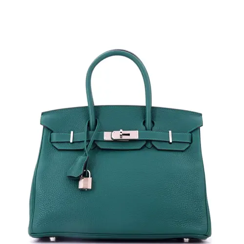Birkin Handbag Green Clemence with Palladium Hardware 30 by Pre-Owned Hermes