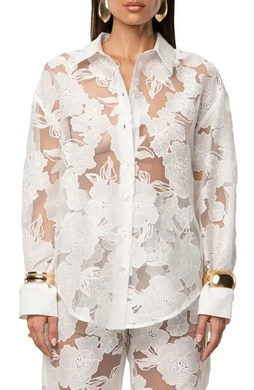 Embroidered Floral Cotton Blend Organza Button-Up Shirt by JLUXLABEL
