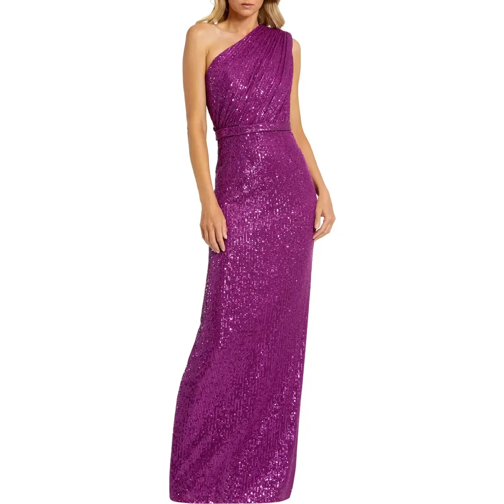 One Shoulder Ruched Sequin Evening Gown by Mac Duggal