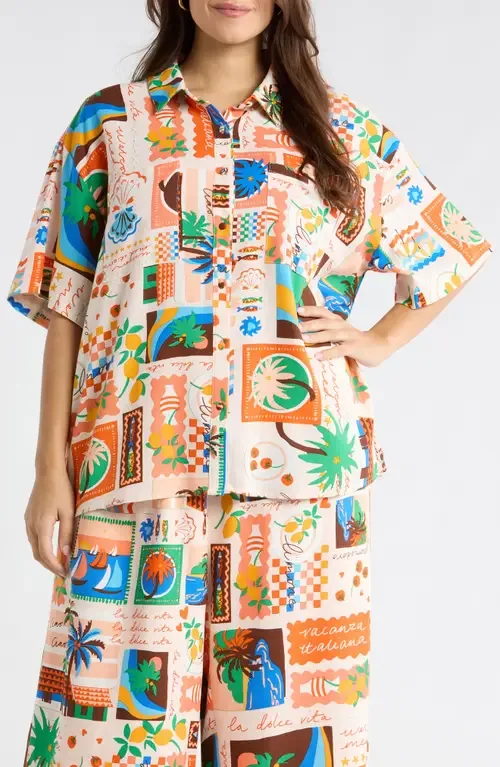Print Loose Fit Button Up Top by SUGARLIPS
