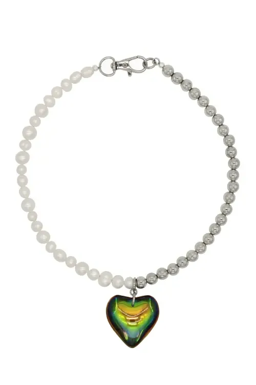 Freshwater Pearl and Steel Bead Necklace with Heart Charm by Velvet Luna