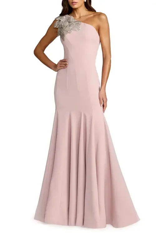 Crepe One Shoulder Gown with Flower Detail