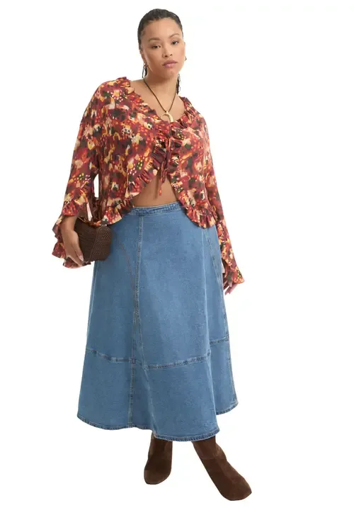 Fit and Flare Stretch Denim Midi Skirt by June + Vie