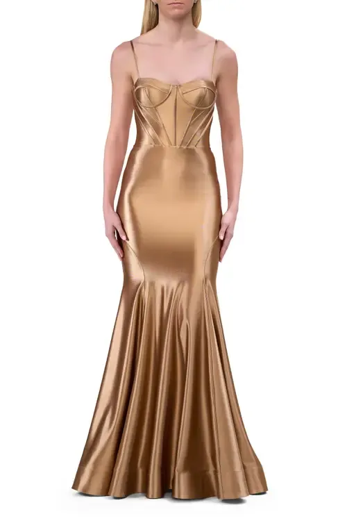 Chic Stretch Satin Gown with Corset Top and Flare Skirt by La Femme