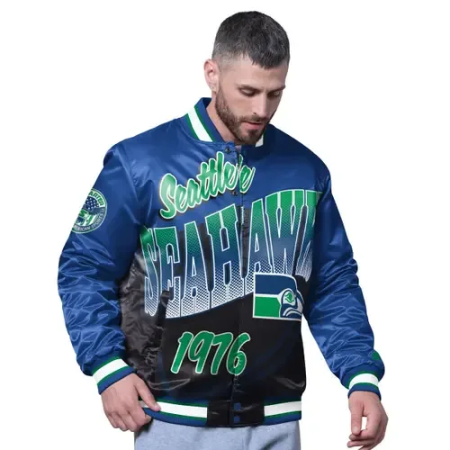 Starter Royal Seattle Seahawks Pass Rush Varsity Full-Snap Jacket by STARTER