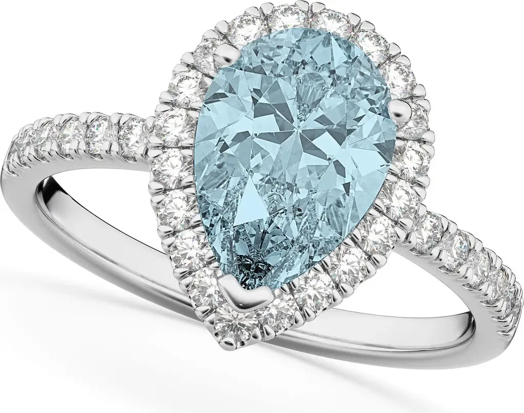 Pear Halo Aquamarine & Diamond Engagement Ring 14K Gold by ALLUREZ