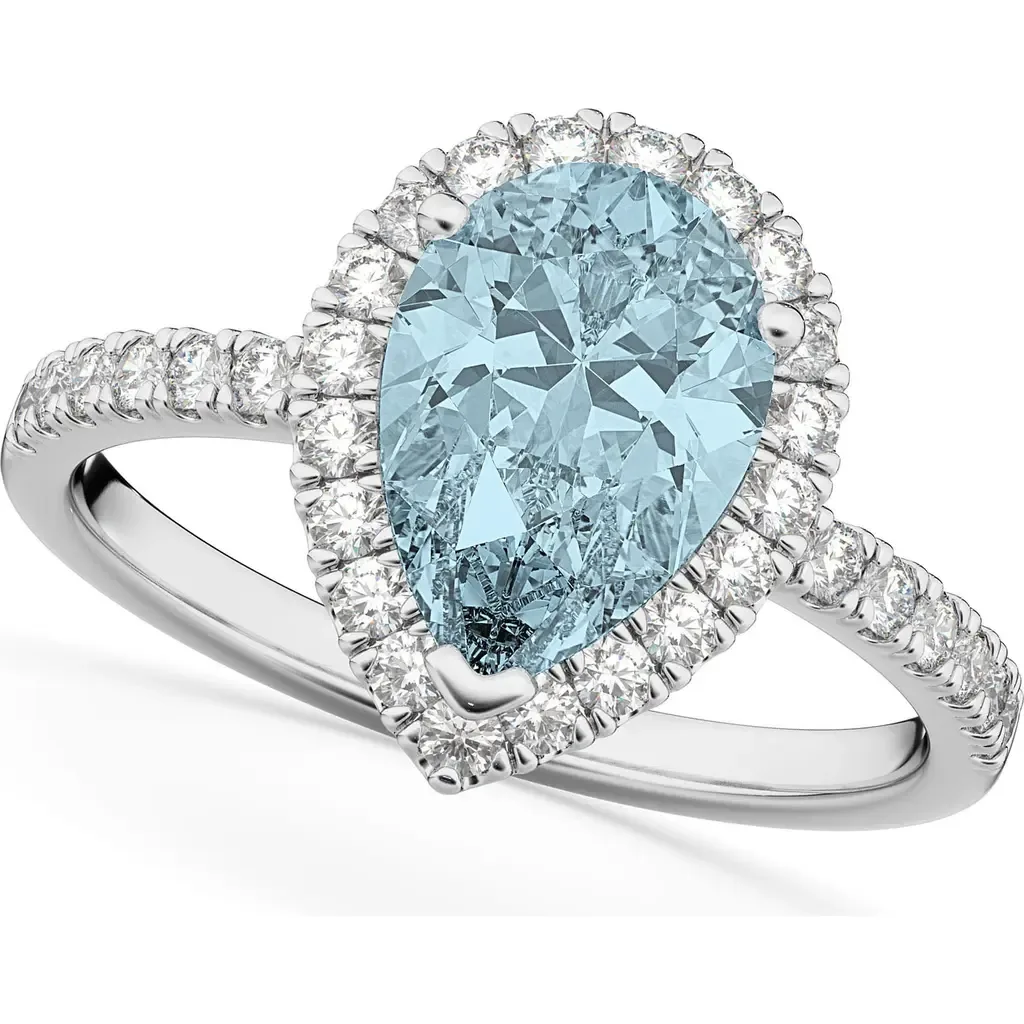 Pear Halo Aquamarine & Diamond Engagement Ring 14K Gold by ALLUREZ