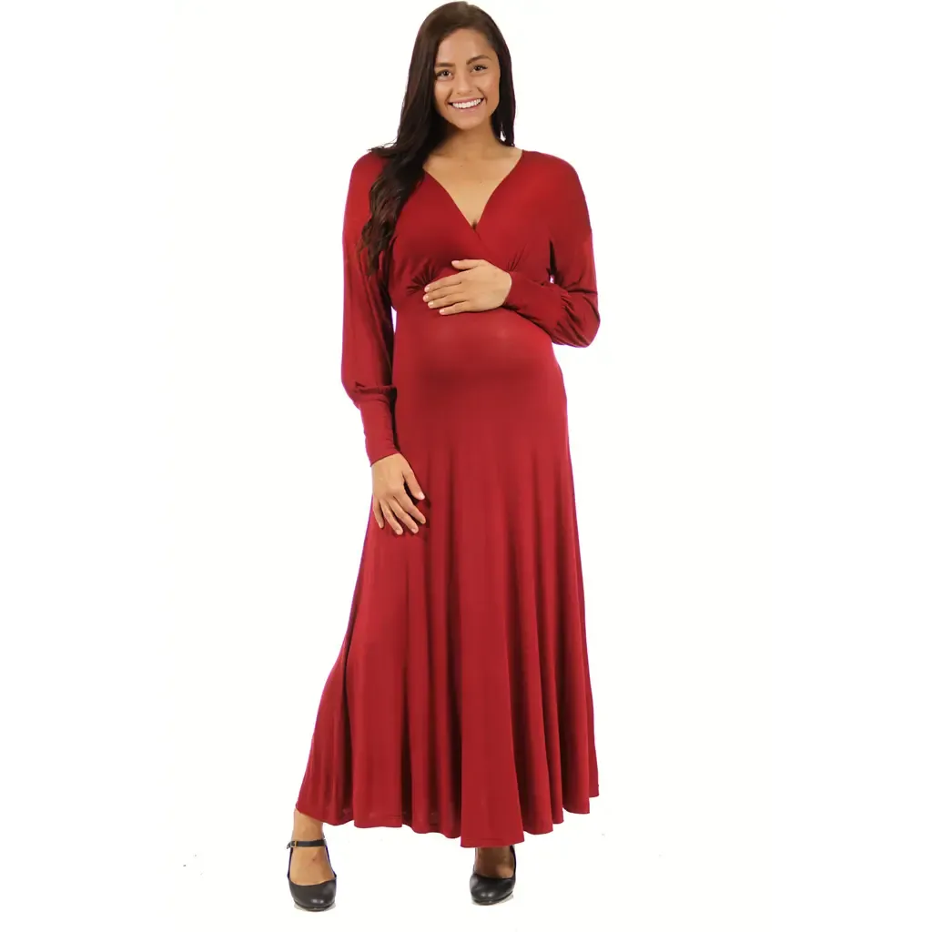 V-Neck Long Sleeve Maternity Maxi Dress