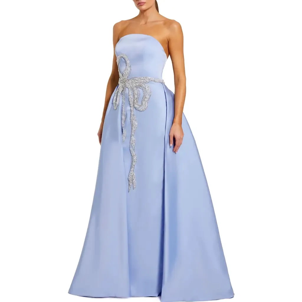 Strapless Stretch Satin Column Gown with Overskirt