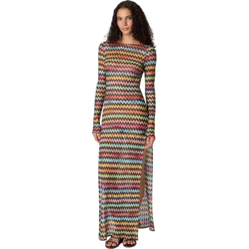 Long Cover-Up Dress in Lamé Viscose with Micro Zigzag Pattern by Missoni