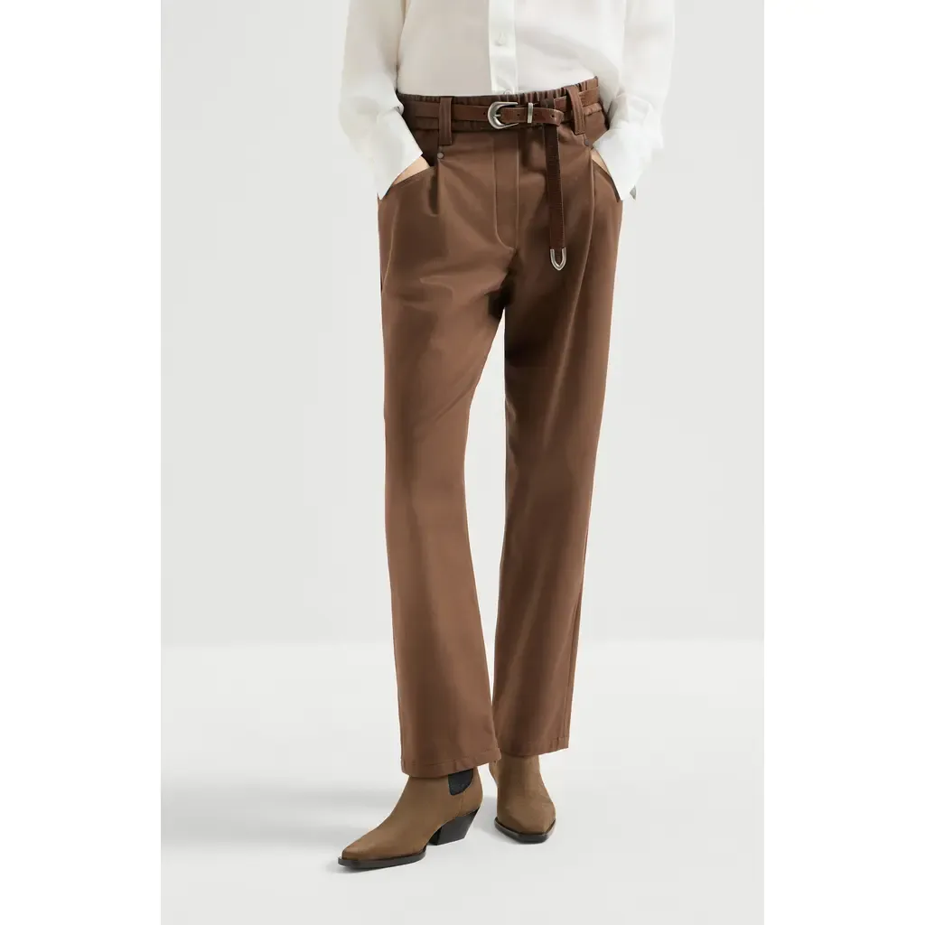 Stretch Cotton Cover Baggy Pull-On Trousers with Shiny Bartack by Brunello Cucinelli
