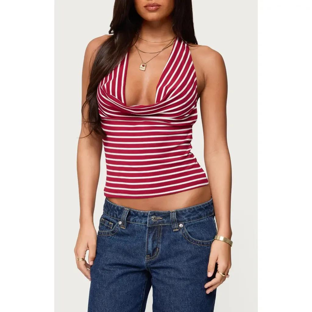 Stripe Cowl Neck Halter Top