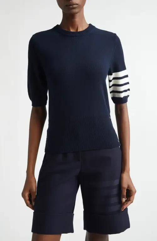 Classic Fit 4-Bar Short Sleeve Virgin Merino Wool Sweater by Thom Browne