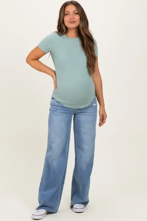 Wash Mid Rise Clean Cut Raw Hem Wide Maternity Jeans by PinkBlush