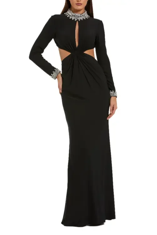 Embellished Jersey Long Sleeve Cut Out Evening Gown by Mac Duggal
