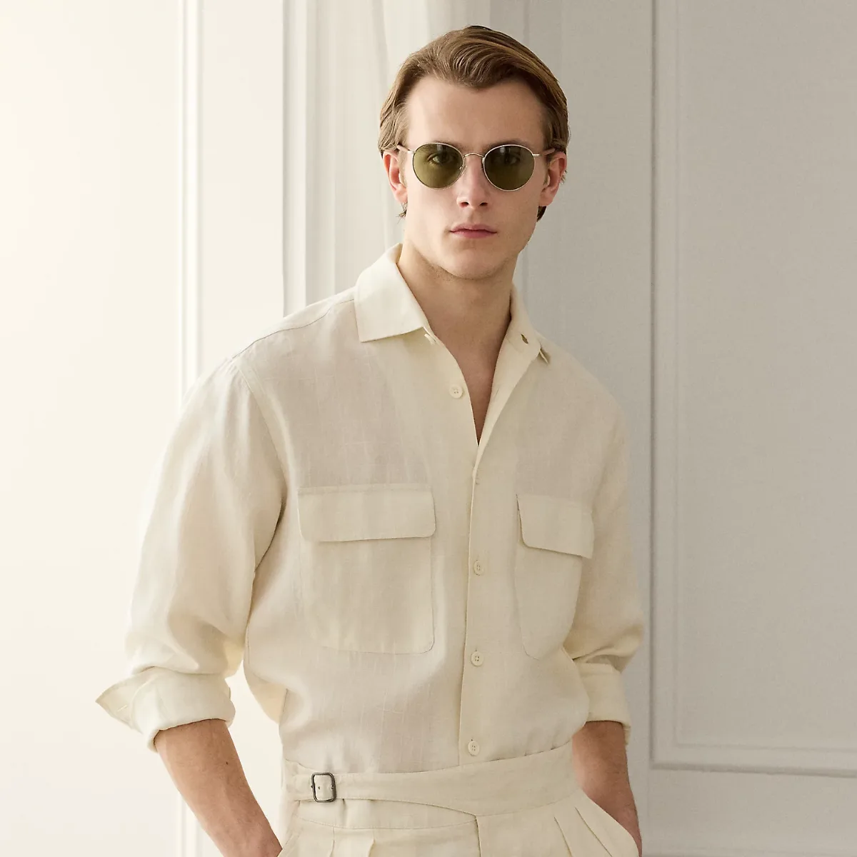 Relaxed Fit Windowpane Linen Shirt by Ralph Lauren Purple Label