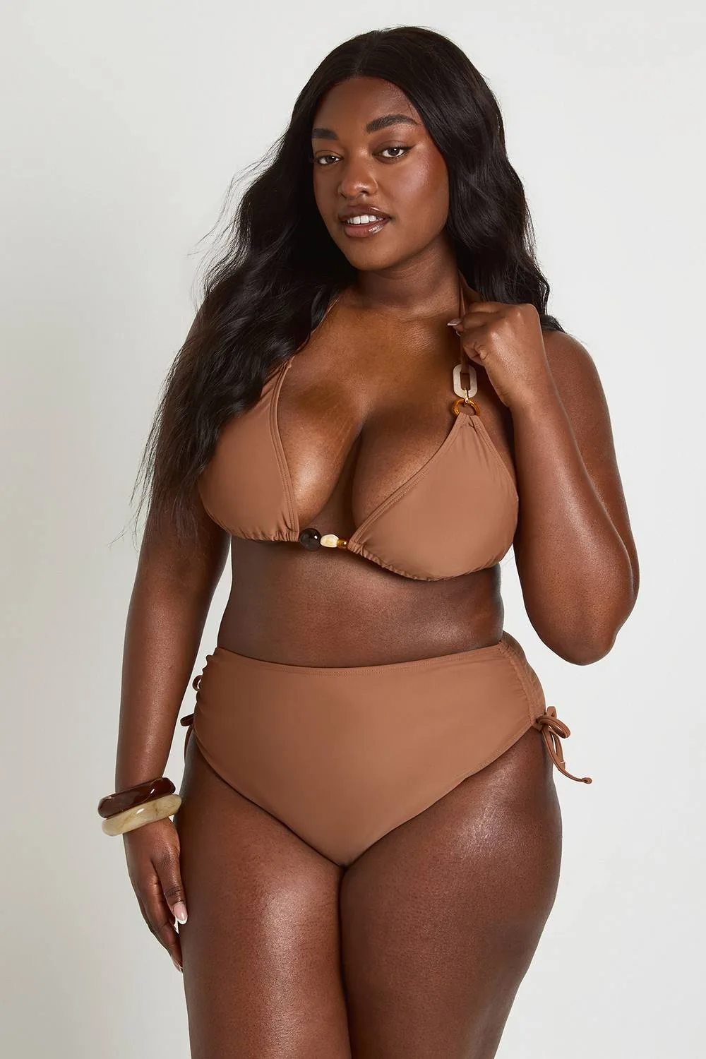 Bead Trim Triangle High Waisted Bikini Set by boohoo