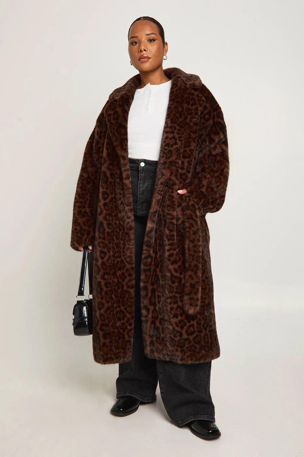 Tie Waist Faux Fur Longline Jacket in Leopard by boohoo