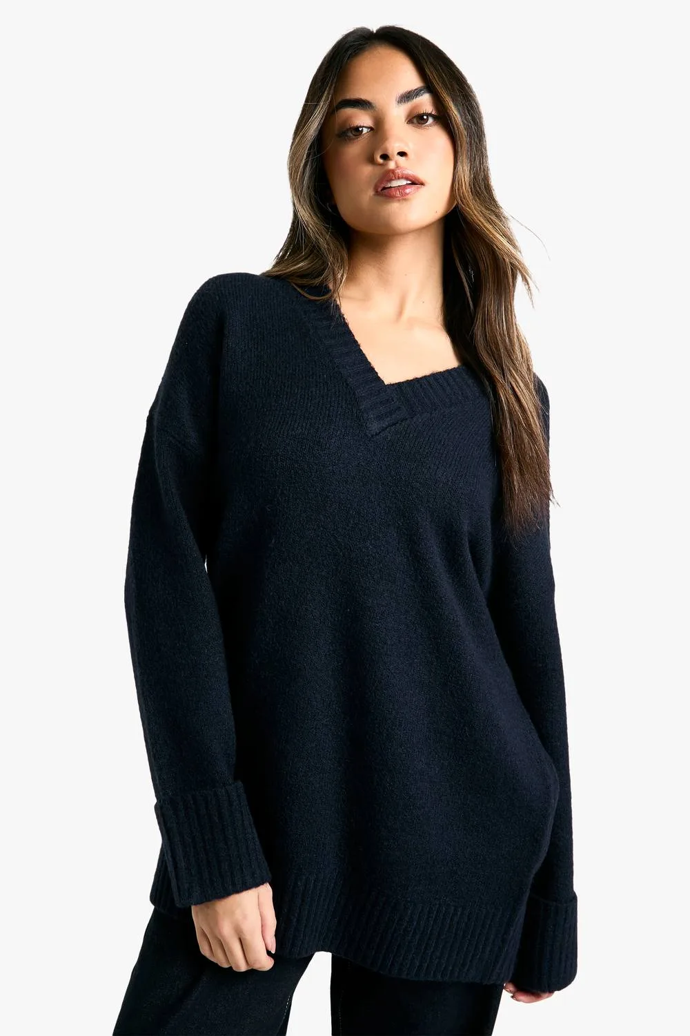 Knitted V Neck Oversized Slouchy Jumper by boohoo