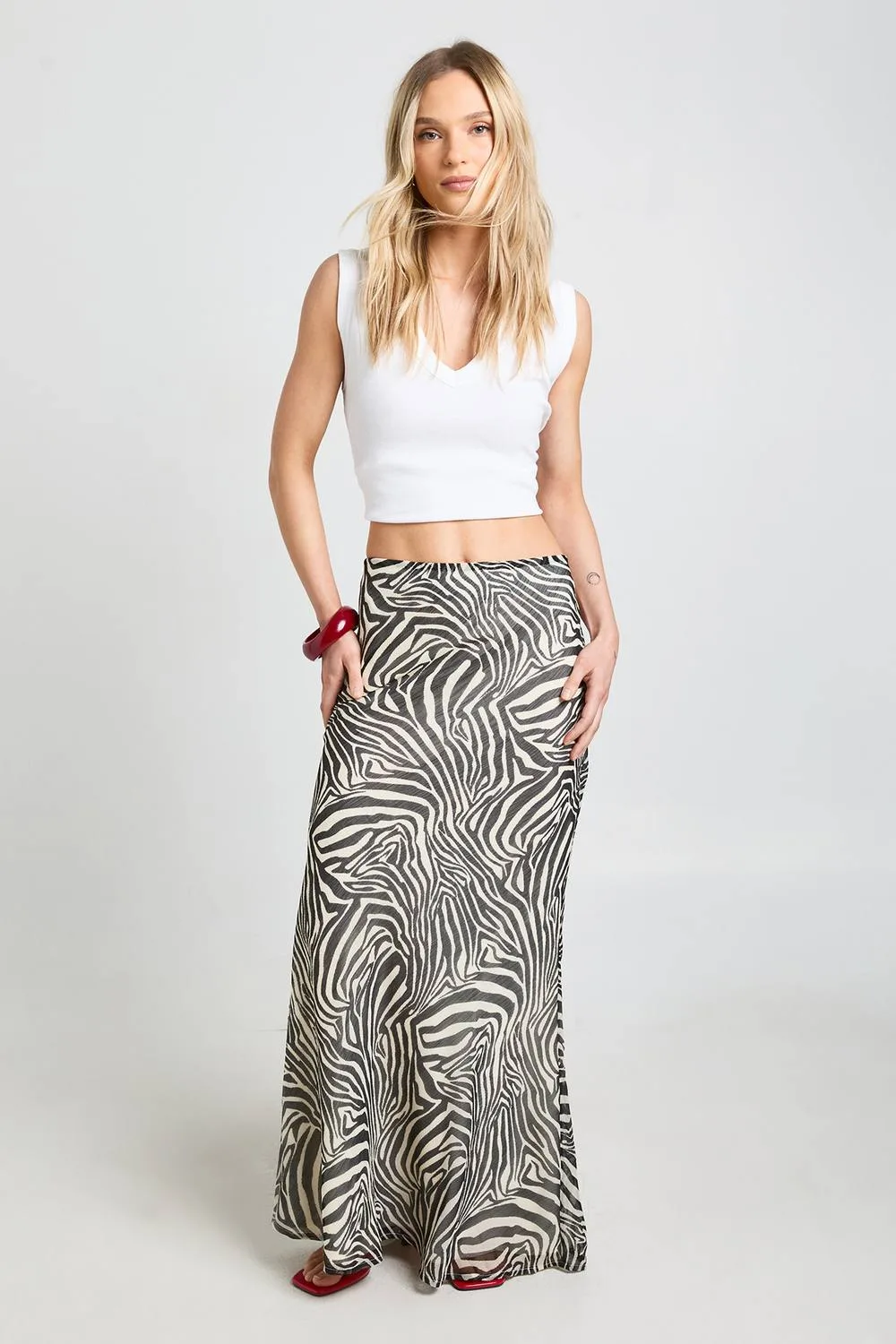 Zebra Print Chiffon Maxi Skirt