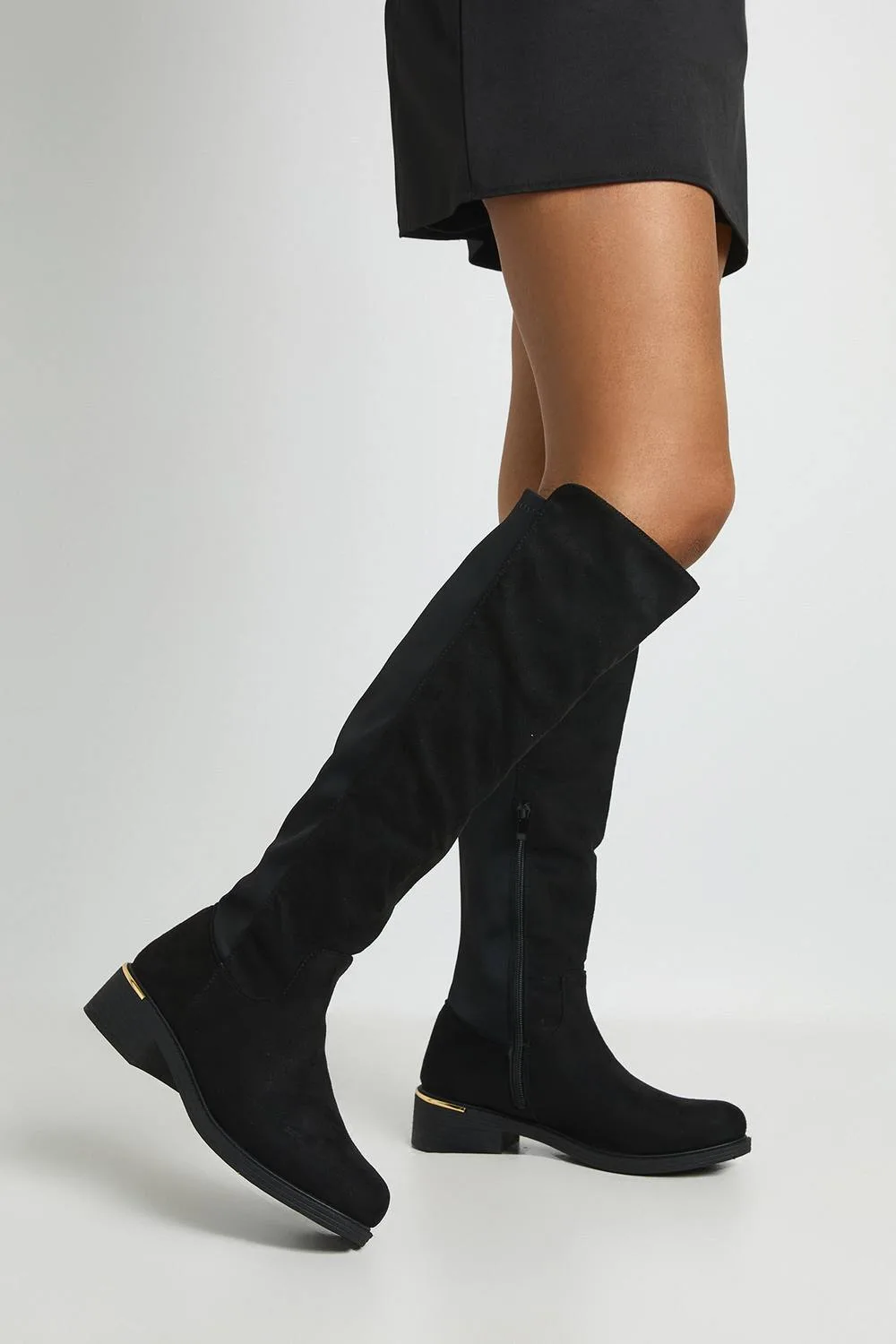 Faux Suede Panel Detail Chunky Knee High Boots