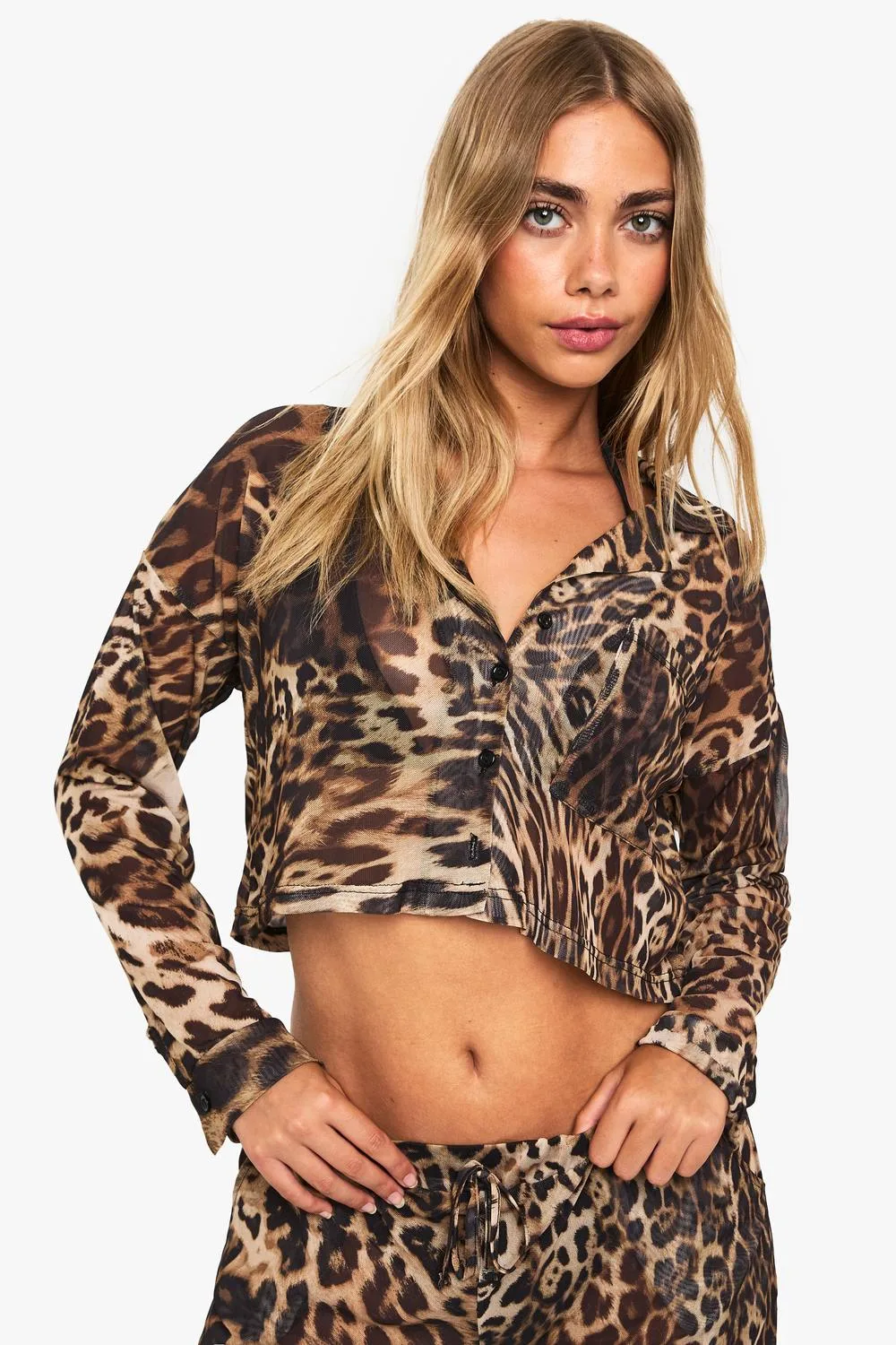 Beachwear Essentials Leopard Cropped Long Sleeve Shirt by boohoo