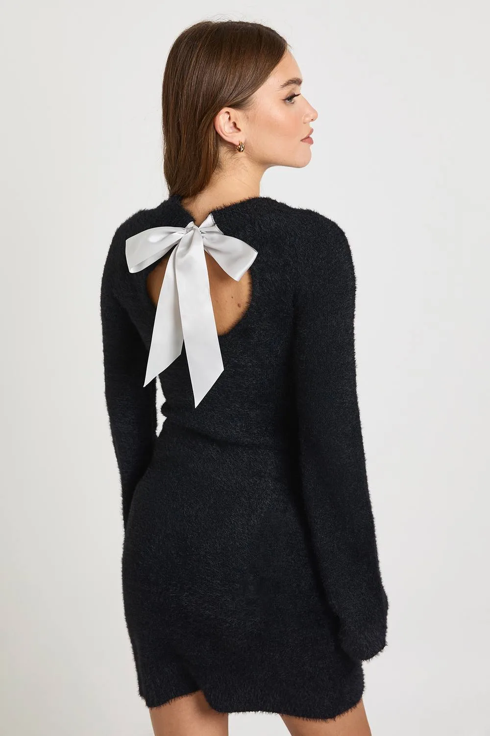Bow Back Detail Super Soft Knitted Mini Dress by boohoo