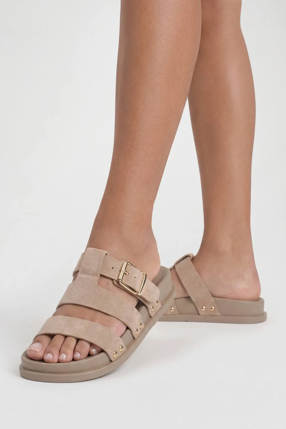 Faux Suede Double Strap Cut Out Footbed Sliders by boohoo