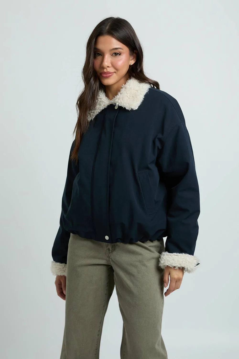 Faux Fur Collar Bomber Jacket by boohoo
