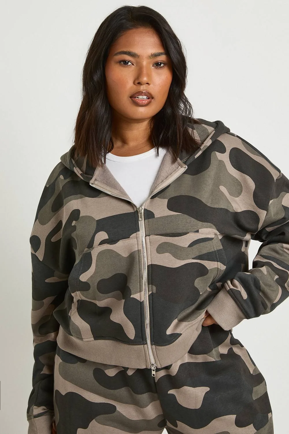 Camo Print Fitted Zip Through Crop Hoodie
