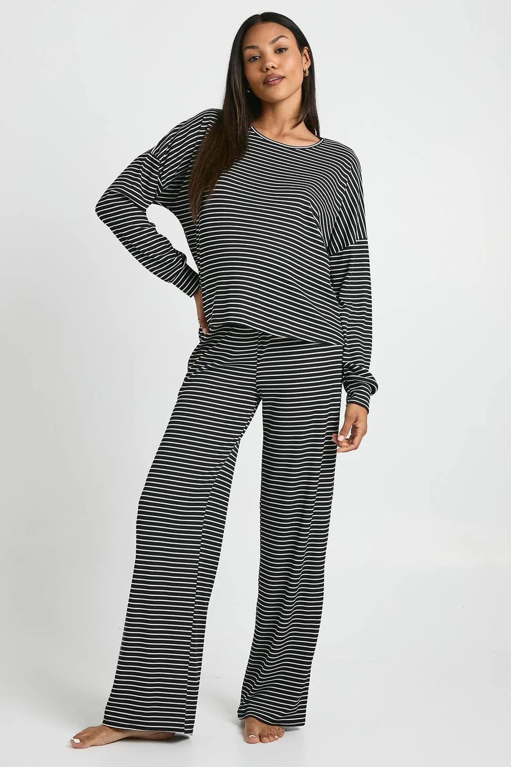 Maternity Loungewear Stripe Long Sleeve Top & Trousers Pyjama Set by boohoo