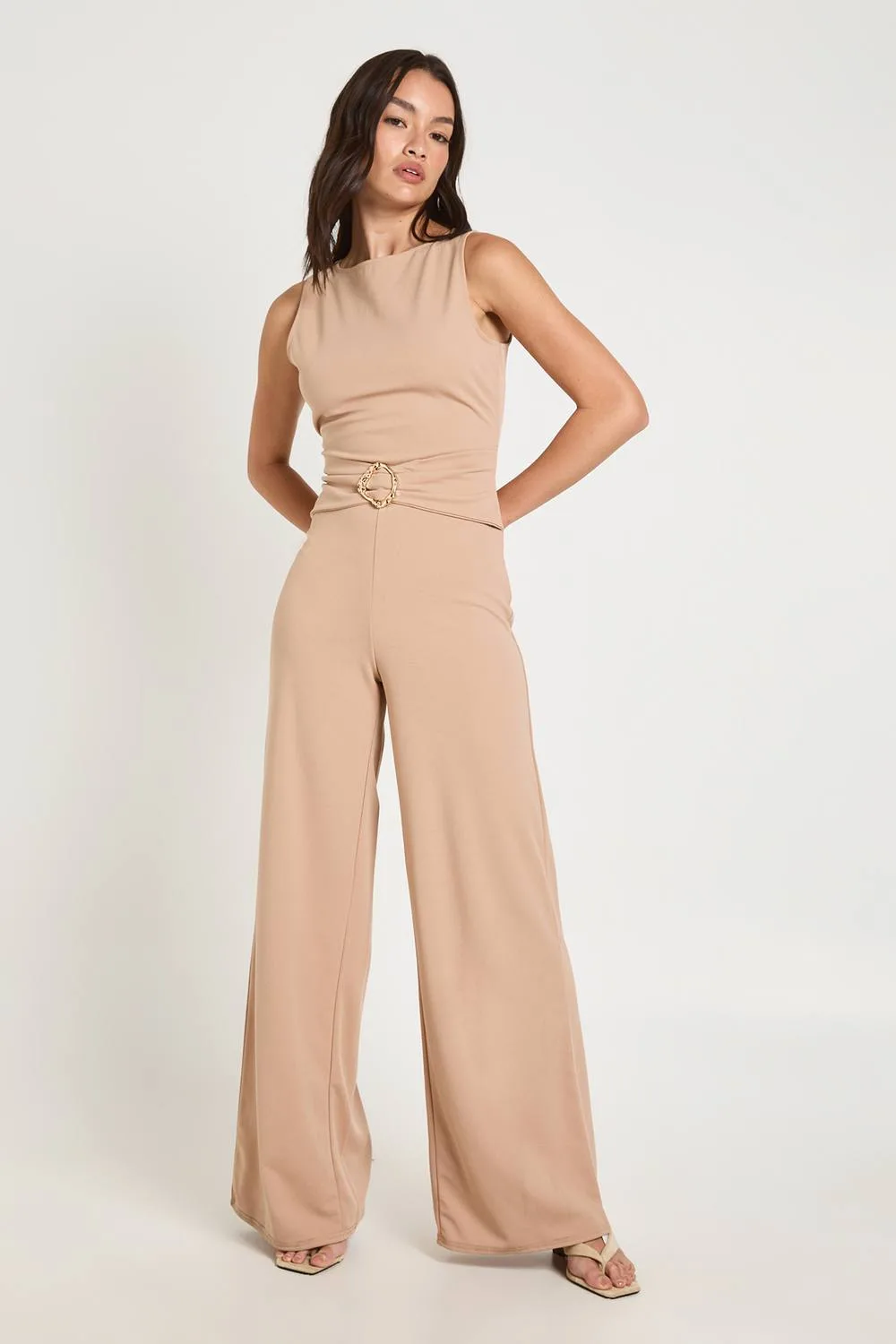 Slash Neck Waist Detail Wide Leg Jumpsuit