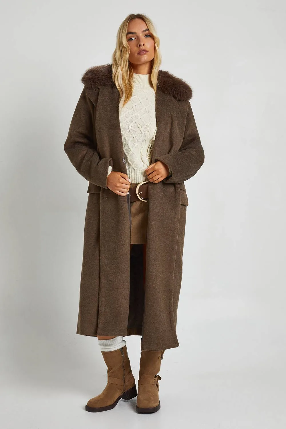 Faux Fur Trim Oversized Double Breasted Wool Look Coat by boohoo