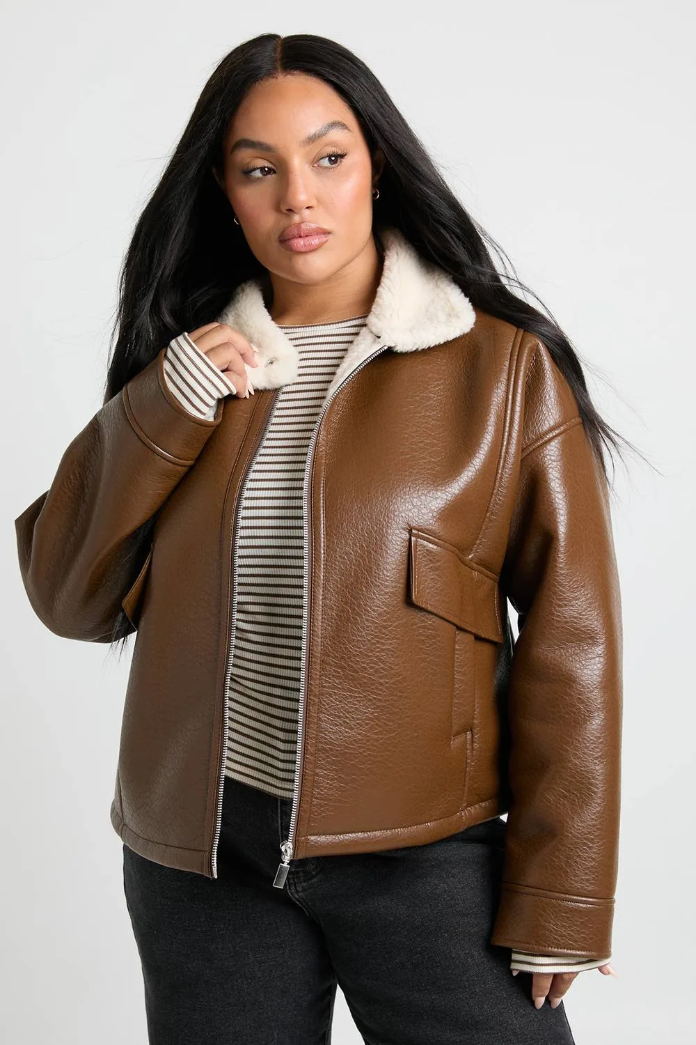 Leather Aviator Jacket by boohoo