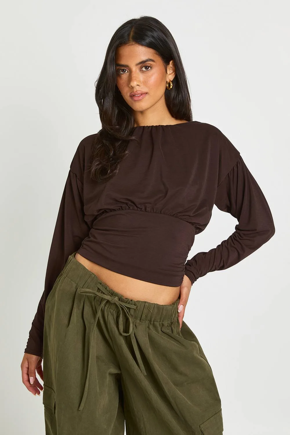 Textured Ruched Low Back Long Sleeve Top by boohoo