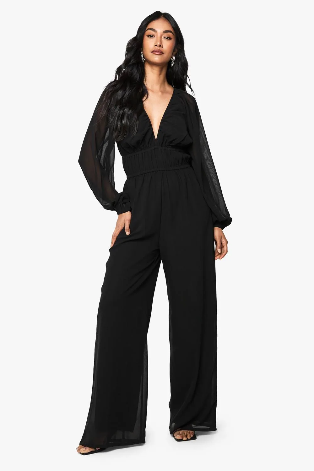 Chiffon V Neck Ruched Wide Leg Jumpsuit by boohoo