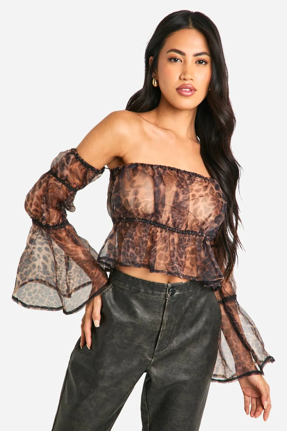 Organza Leopard Print Bardot Crop Smock Top by boohoo